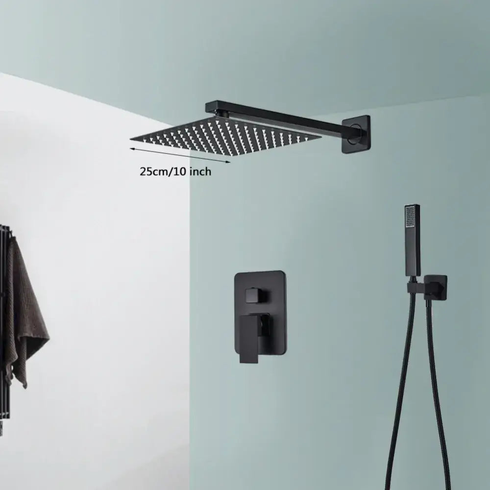 Modern matte black wall mounted rainfall shower with tub spout bathroom