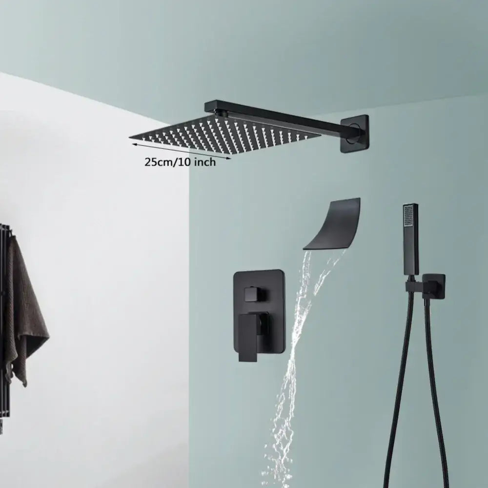 Modern matte black wall mounted rainfall shower with tub spout bathroom