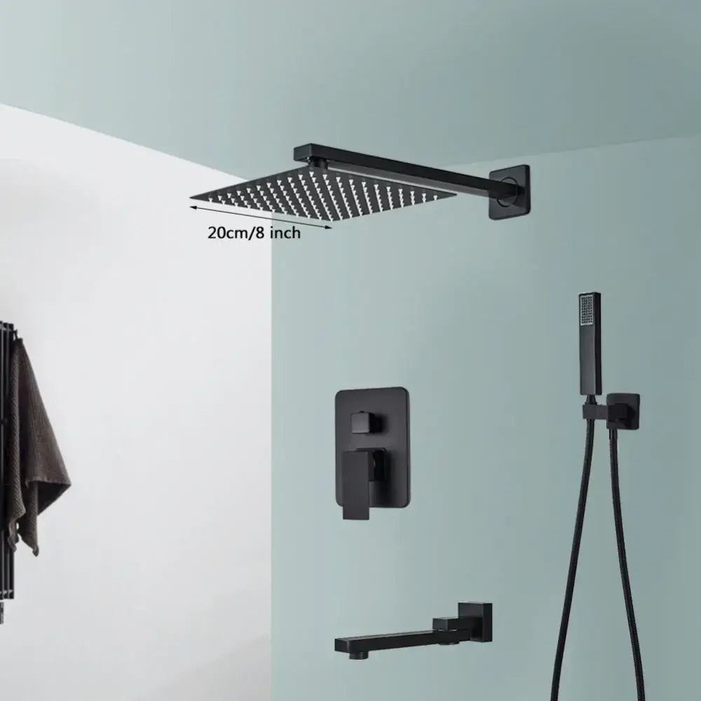 Modern matte black wall mounted rainfall shower with tub spout bathroom