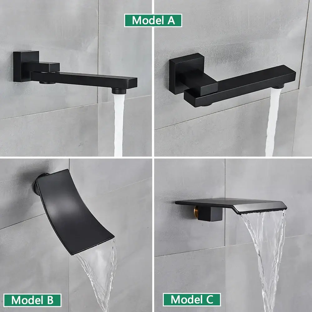 Modern matte black wall mounted rainfall shower with tub spout bathroom
