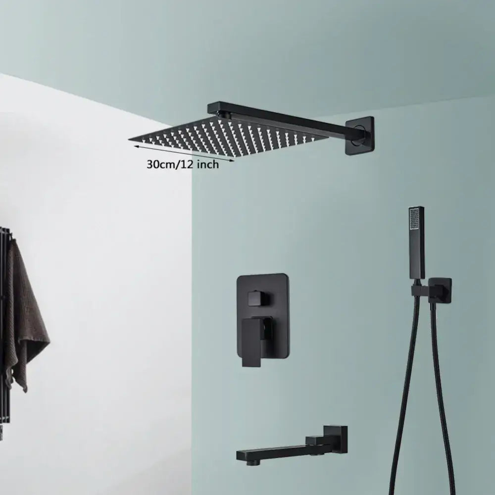 Modern matte black wall mounted rainfall shower with tub spout bathroom