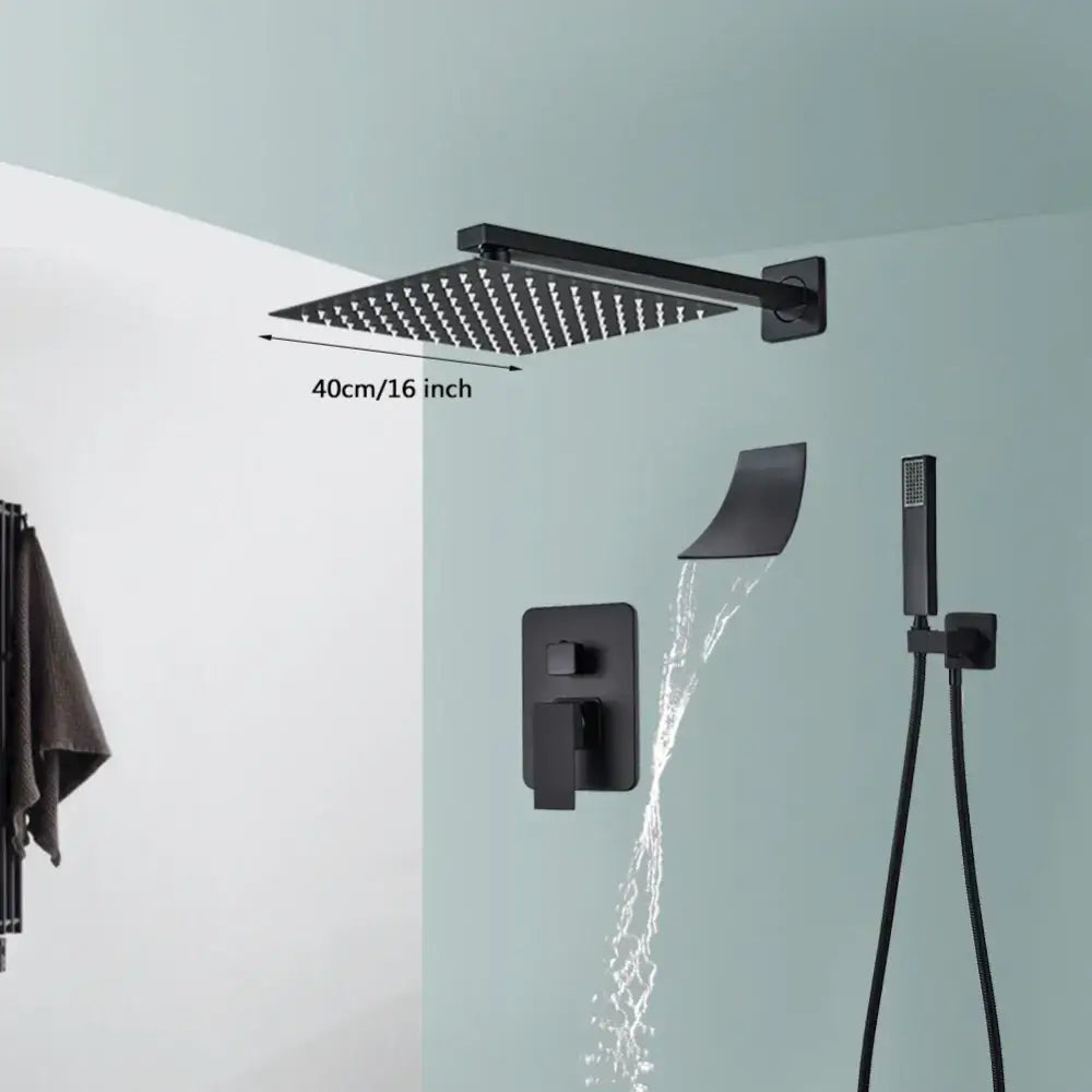 Modern matte black wall mounted rainfall shower with tub spout bathroom