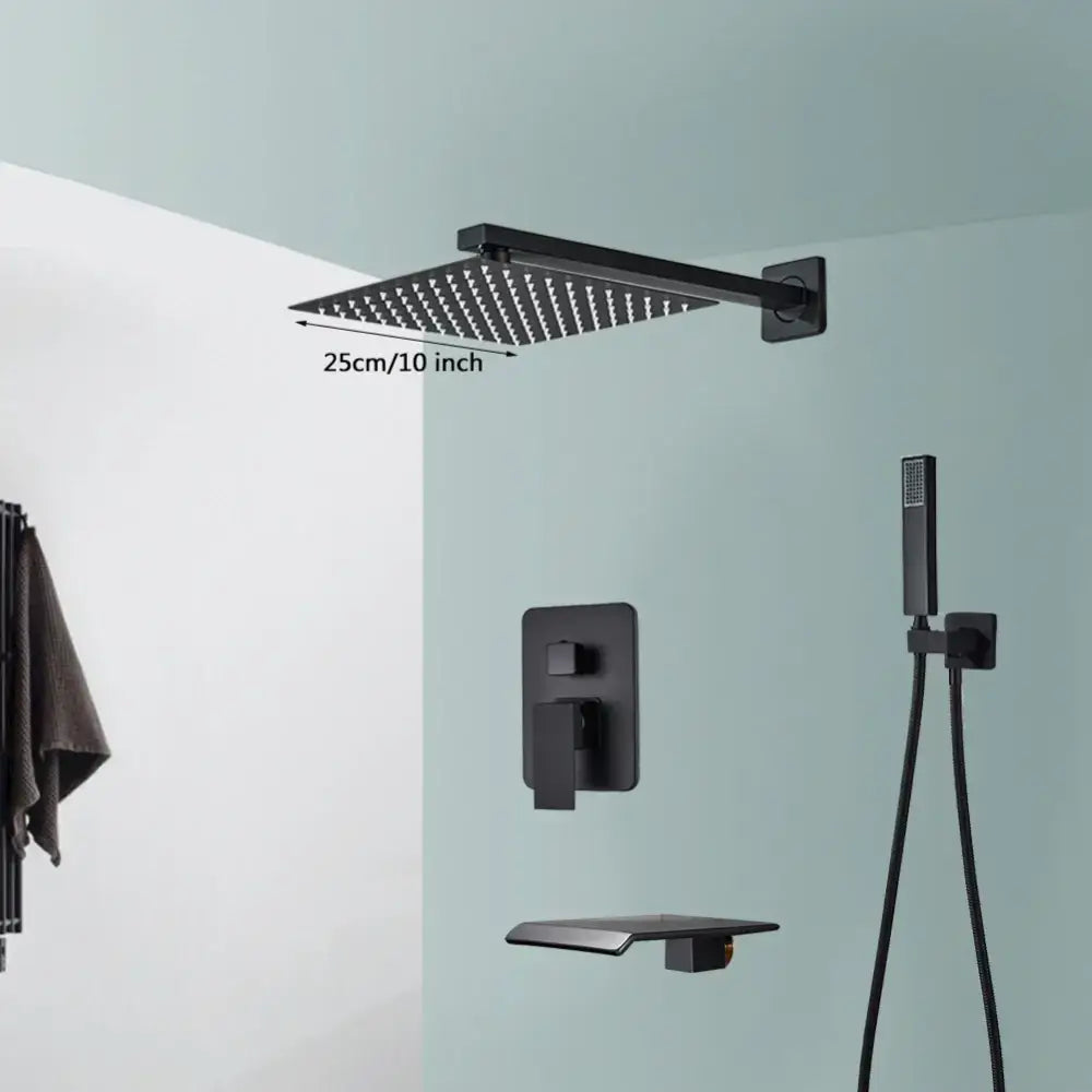 Modern matte black wall mounted rainfall shower with tub spout bathroom