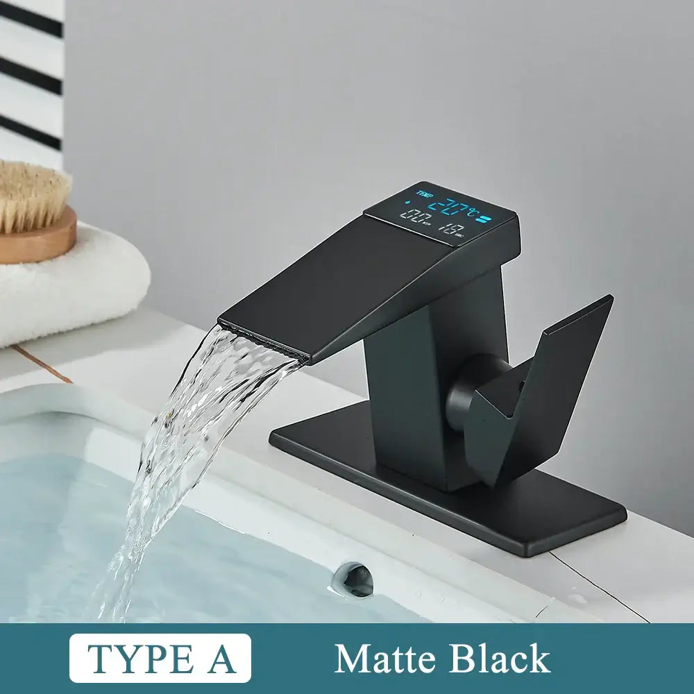 Modern matte black waterfall bathroom faucet with temperature display