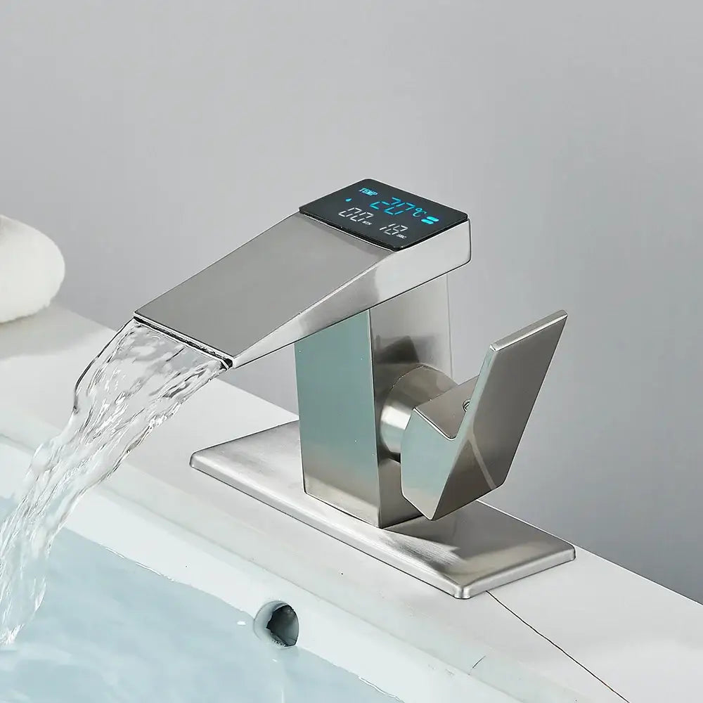 Modern matte black waterfall bathroom faucet with temperature display