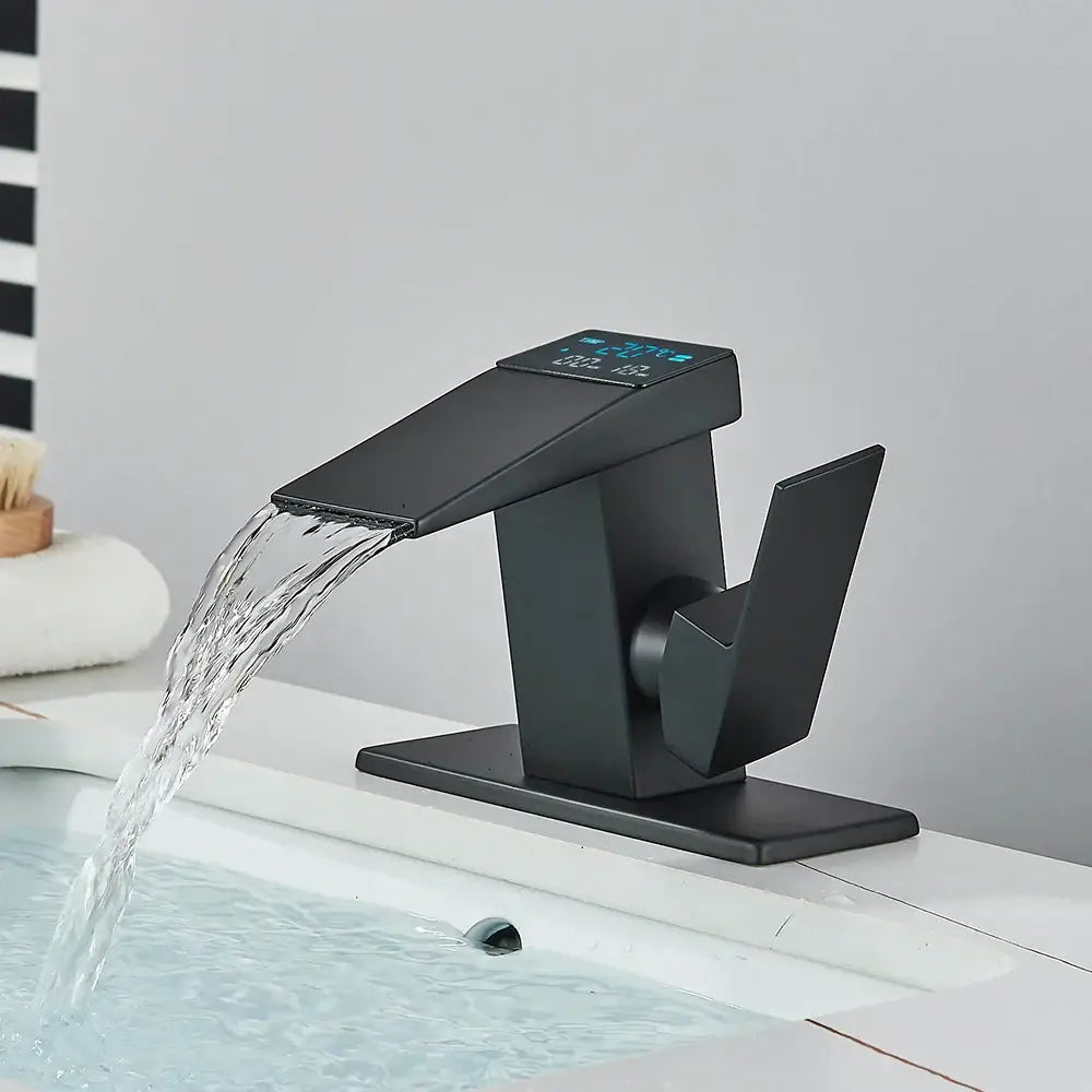 Modern matte black waterfall bathroom faucet with temperature display