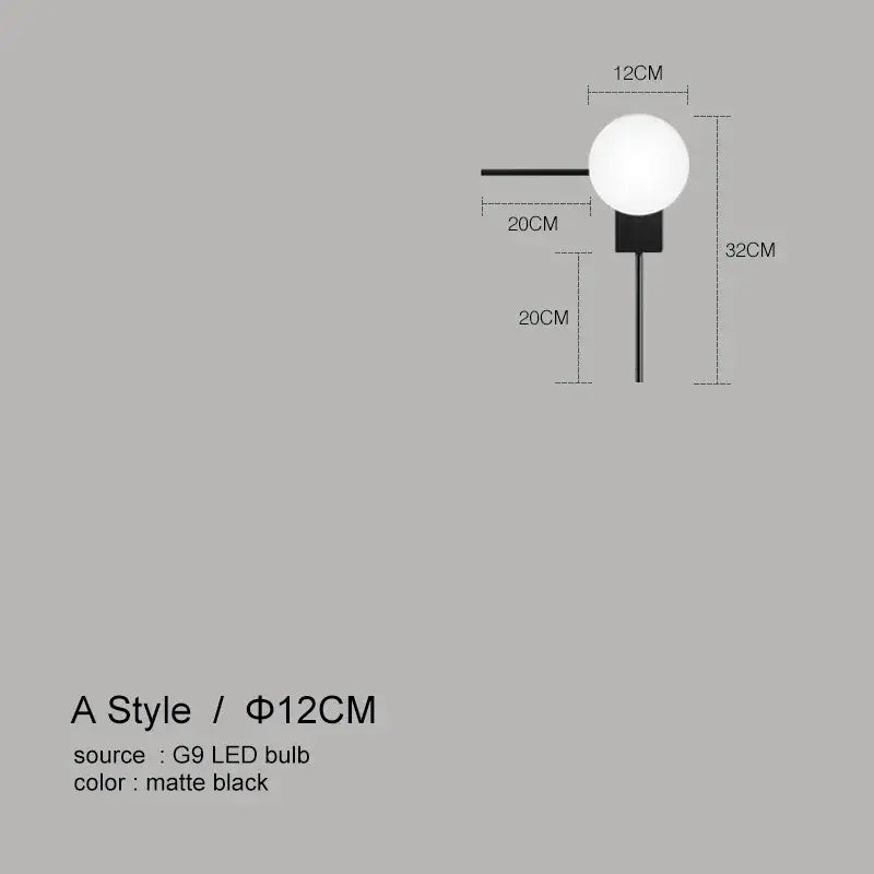 Modern minimalist black glass ball wall lights for bedroom
