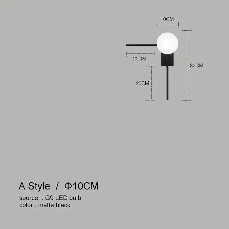 Modern minimalist black glass ball wall lights for bedroom