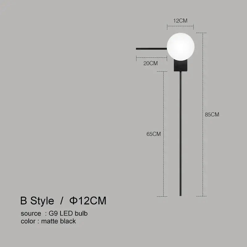 Modern minimalist black glass ball wall lights for bedroom