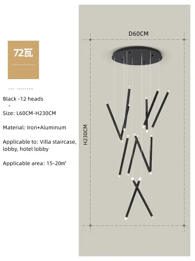 Modern minimalist black round tube led chandelier staircase light