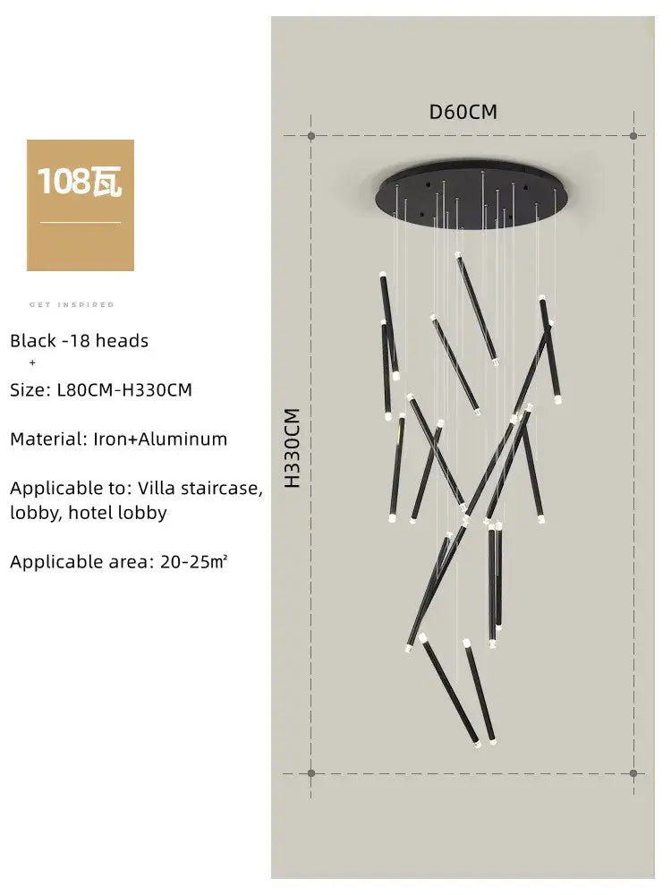 Modern minimalist black round tube led chandelier staircase light