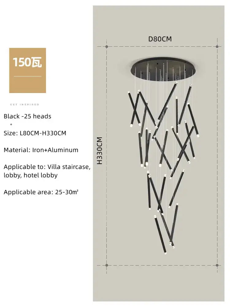 Modern minimalist black round tube led chandelier staircase light