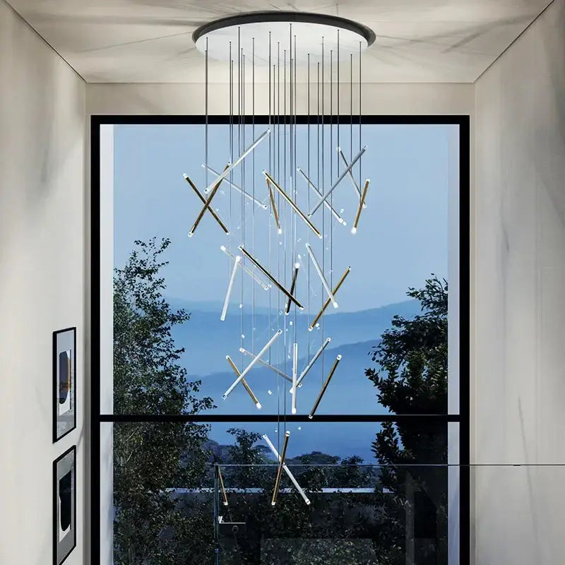 Modern minimalist black round tube led chandelier staircase light