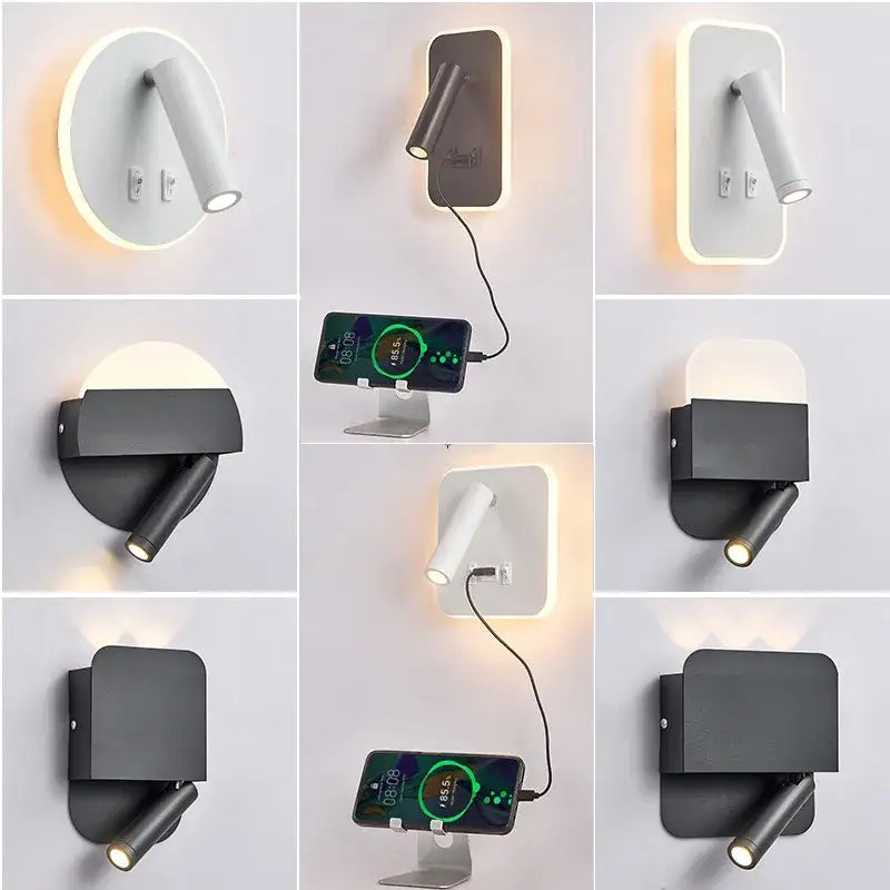 Modern minimalist black & white led wall lamp usb bedroom sconce