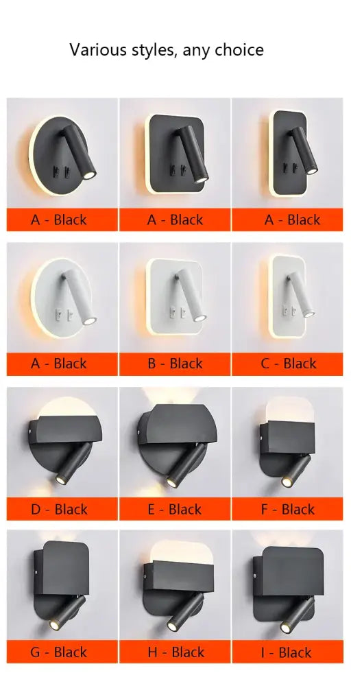 Modern minimalist black & white led wall lamp usb bedroom sconce