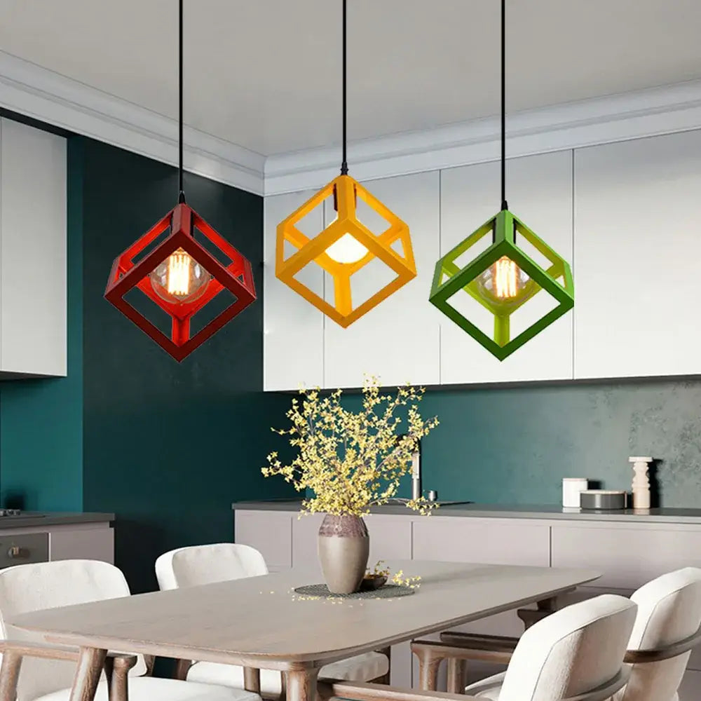 Modern multicolor geometric cube pendant lights set kitchen decor