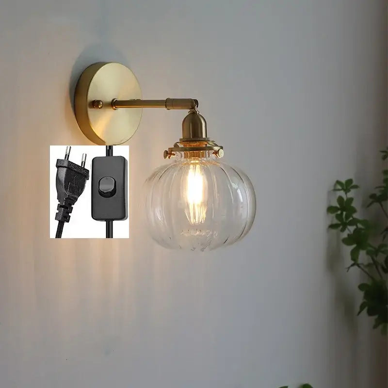 Modern nordic brass glass ball wall lamp bedroom ribbed sconce