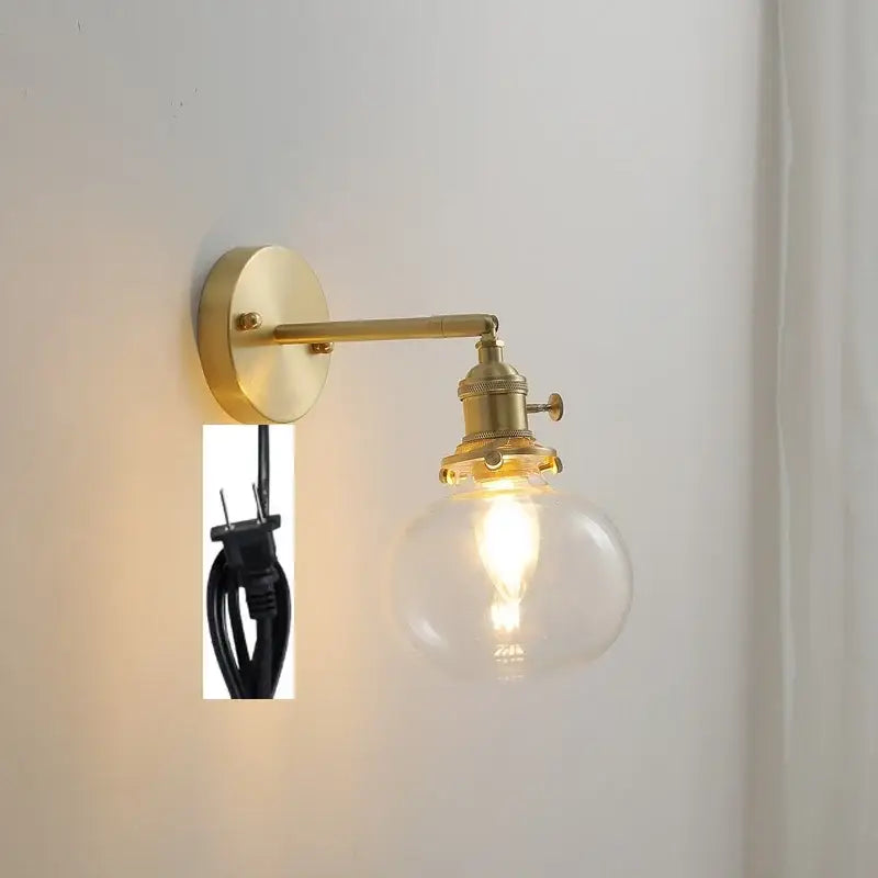 Modern nordic brass glass ball wall lamp bedroom ribbed sconce