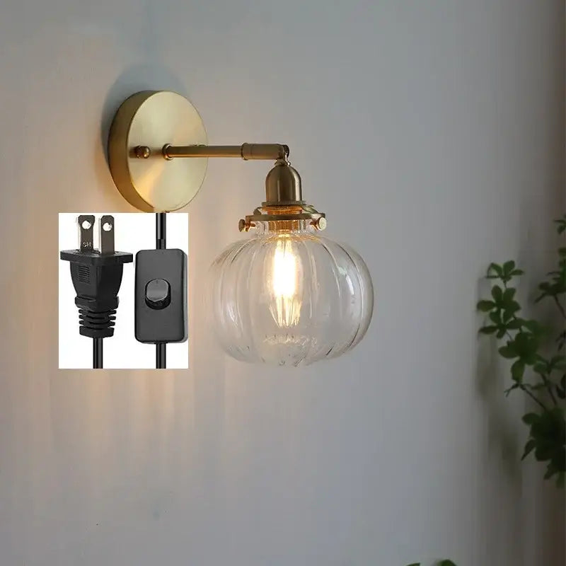Modern nordic brass glass ball wall lamp bedroom ribbed sconce