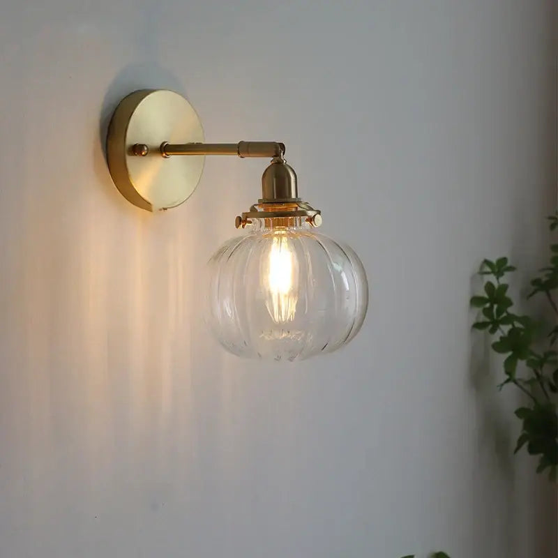 Modern nordic brass glass ball wall lamp bedroom ribbed sconce
