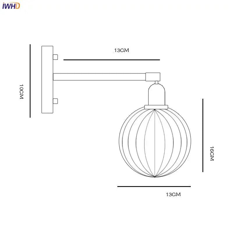 Modern nordic brass glass ball wall lamp bedroom ribbed sconce