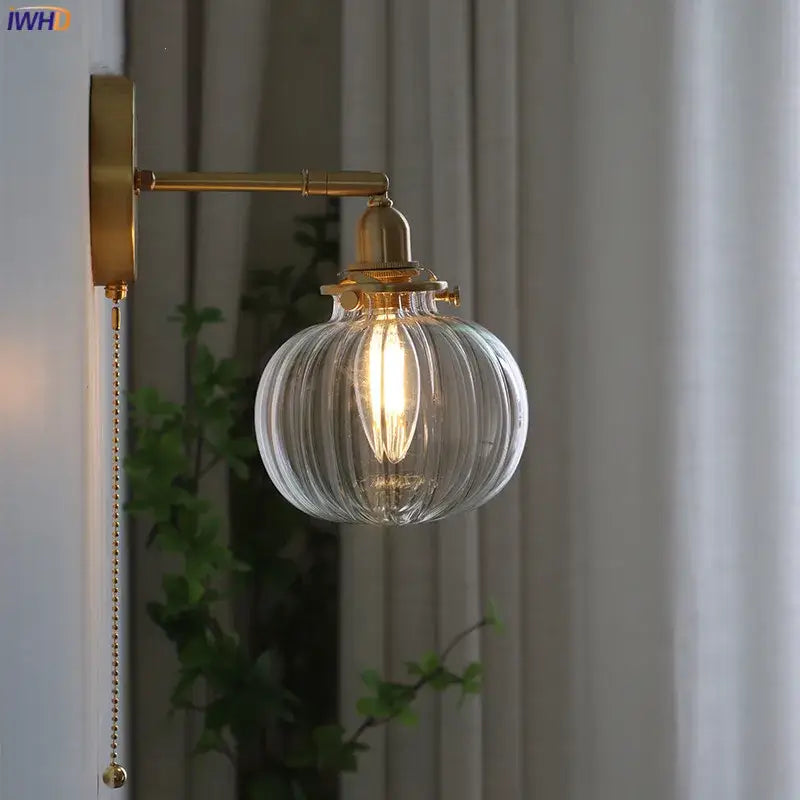 Modern nordic brass glass ball wall lamp bedroom ribbed sconce