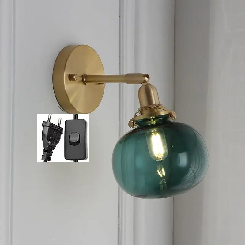 Modern nordic brass glass ball wall lamp bedroom ribbed sconce
