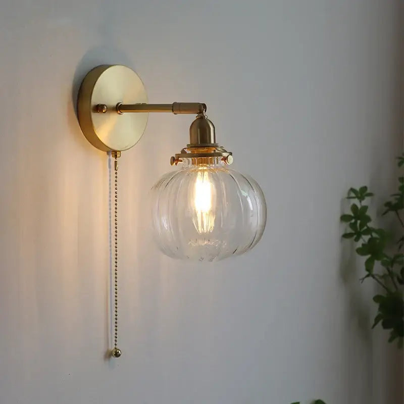 Modern nordic brass glass ball wall lamp bedroom ribbed sconce