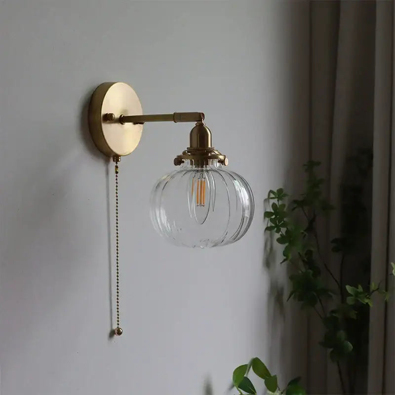 Modern nordic brass glass ball wall lamp bedroom ribbed sconce
