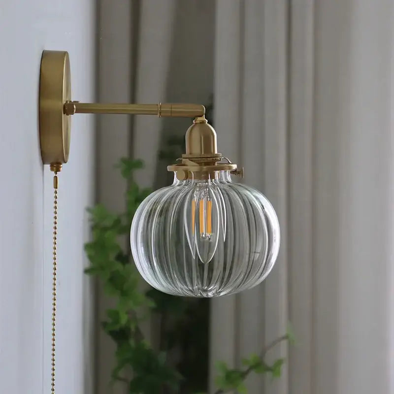 Modern nordic brass glass ball wall lamp bedroom ribbed sconce