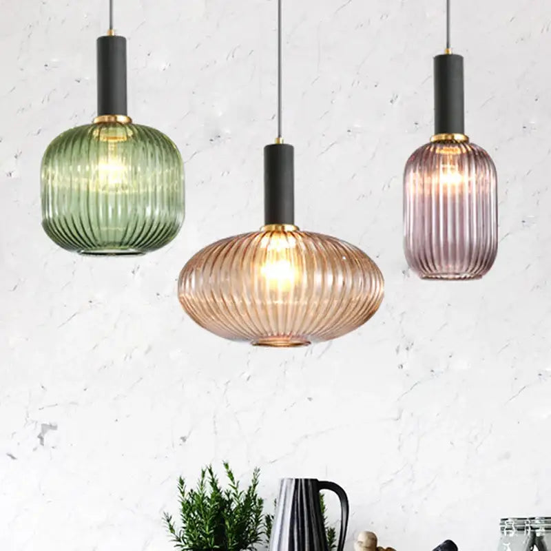 Modern nordic ribbed glass led pendant lights for dining room