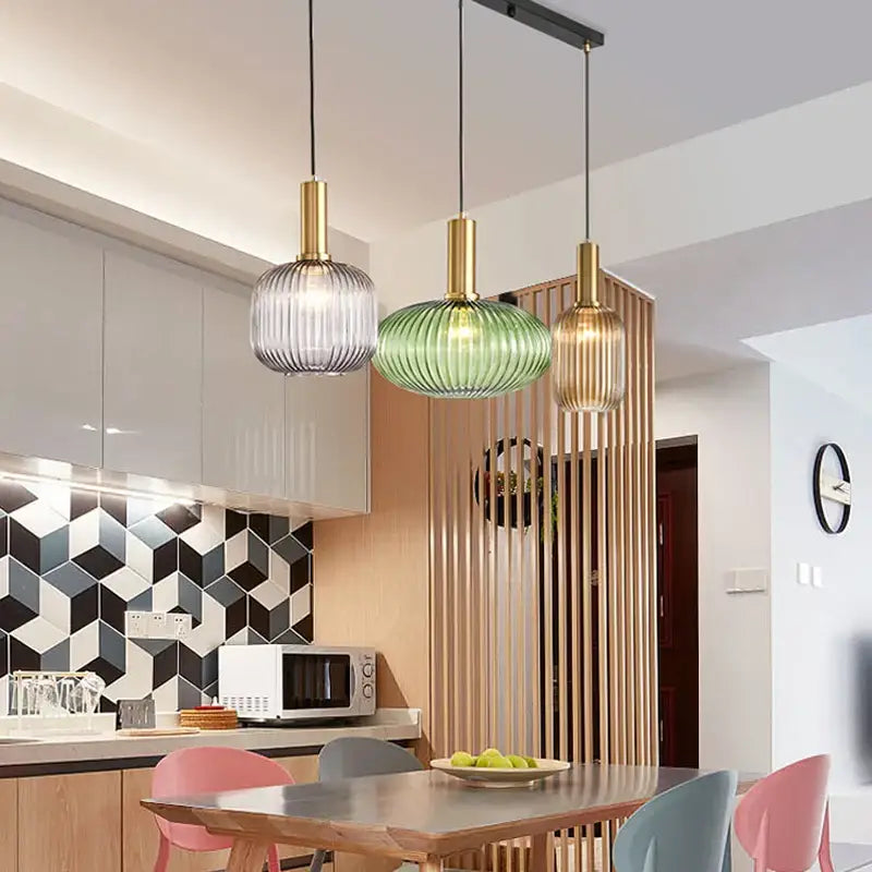 Modern nordic ribbed glass led pendant lights for dining room