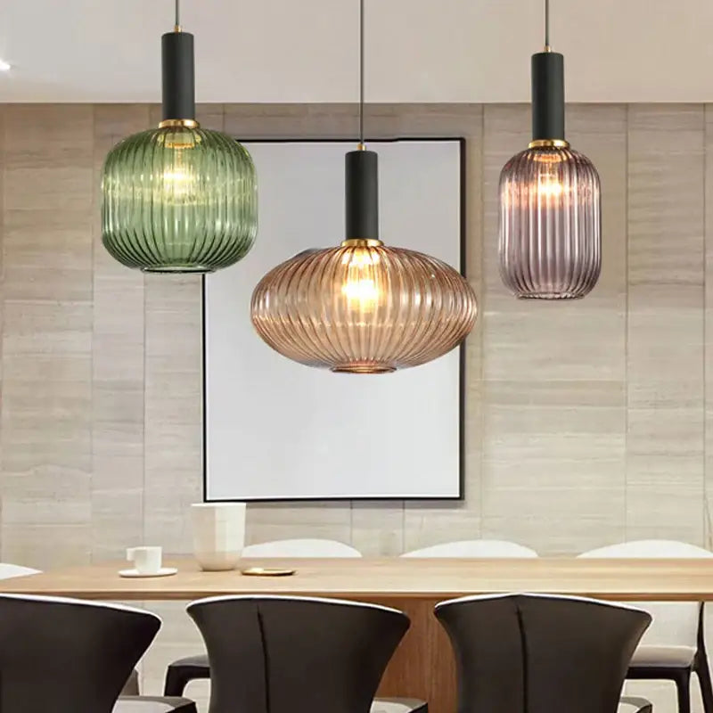 Modern nordic ribbed glass led pendant lights for dining room