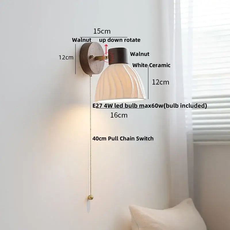 Modern nordic wood and ribbed glass led wall light fixture bedroom