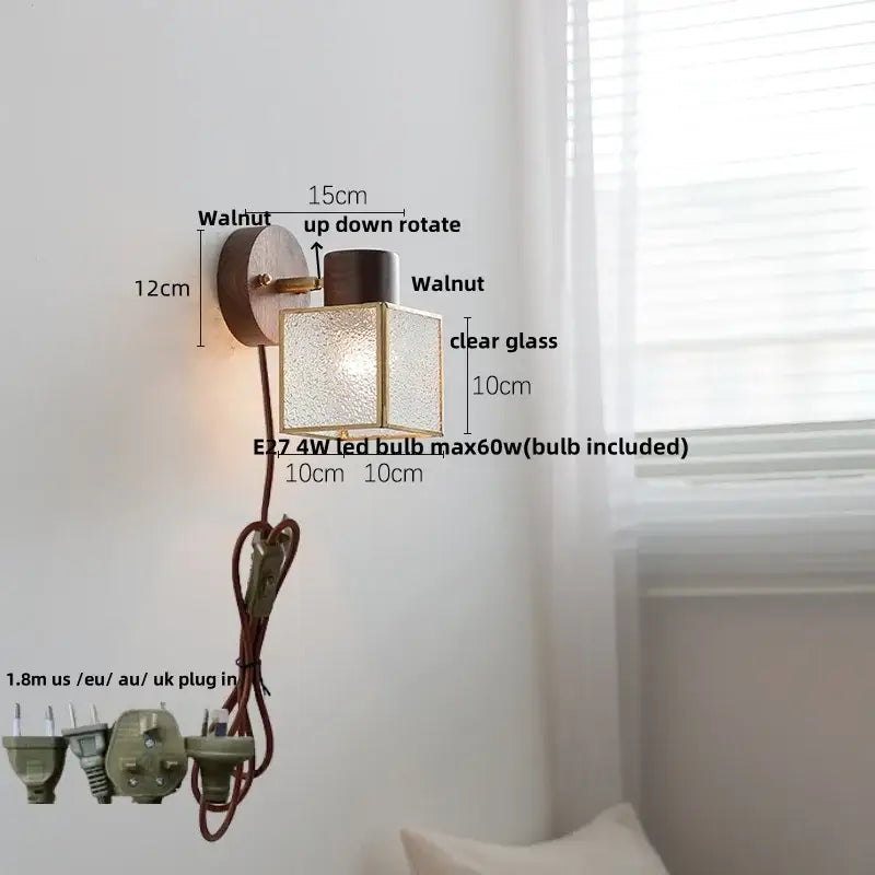 Modern nordic wood and ribbed glass led wall light fixture bedroom