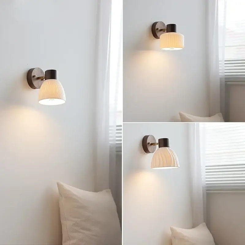 Modern nordic wood and ribbed glass led wall light fixture bedroom