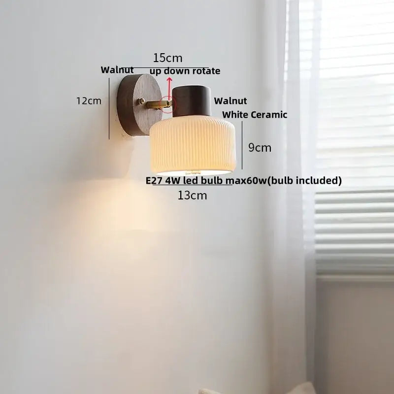 Modern nordic wood and ribbed glass led wall light fixture bedroom