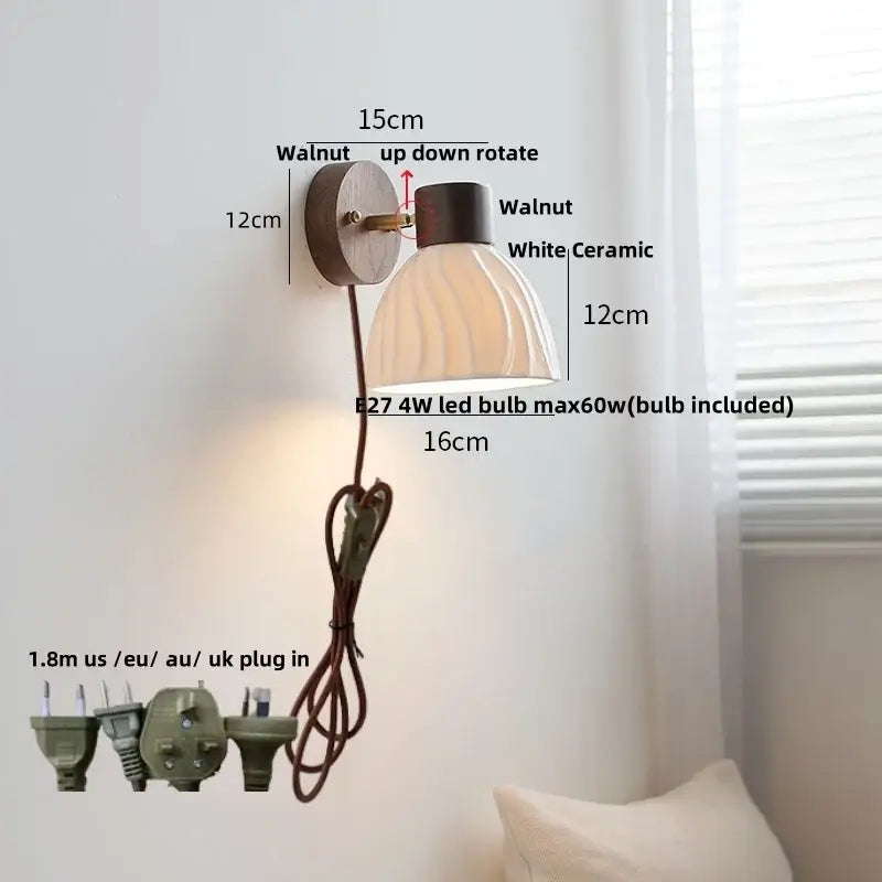 Modern nordic wood and ribbed glass led wall light fixture bedroom