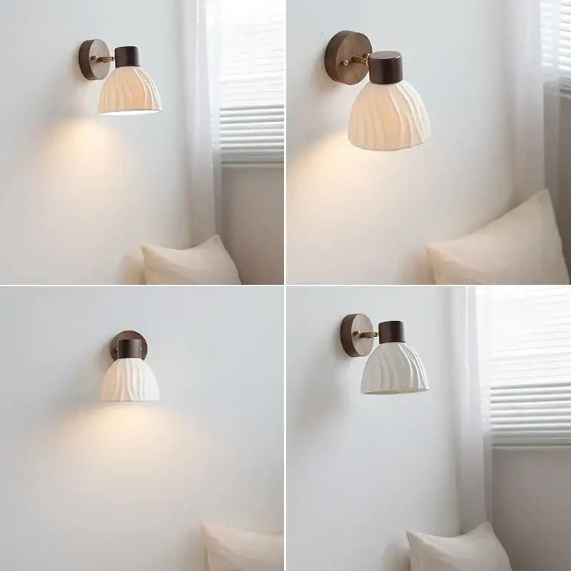 Modern nordic wood and ribbed glass led wall light fixture bedroom