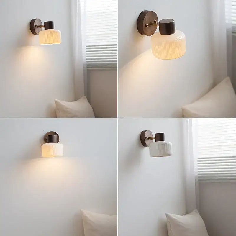 Modern nordic wood and ribbed glass led wall light fixture bedroom