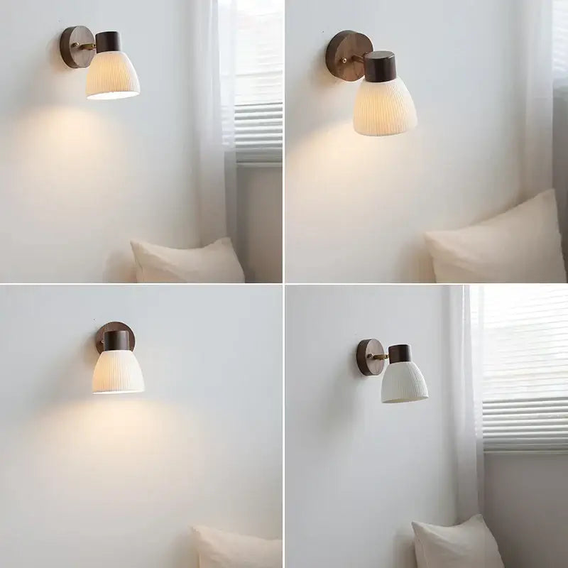 Modern nordic wood and ribbed glass led wall light fixture bedroom