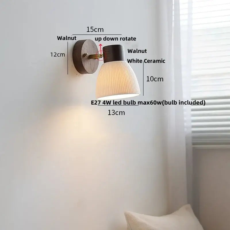 Modern nordic wood and ribbed glass led wall light fixture bedroom