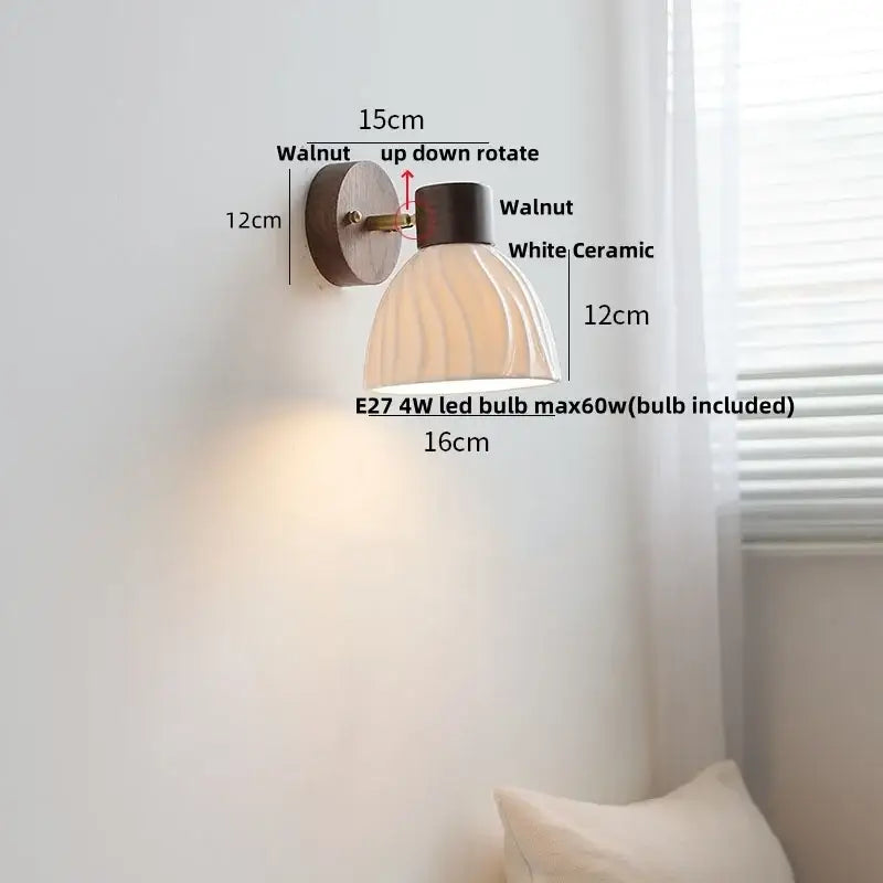 Modern nordic wood and ribbed glass led wall light fixture bedroom