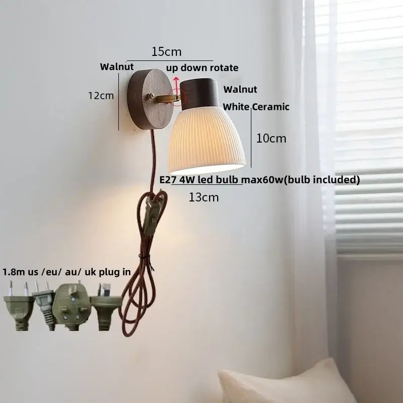 Modern nordic wood and ribbed glass led wall light fixture bedroom