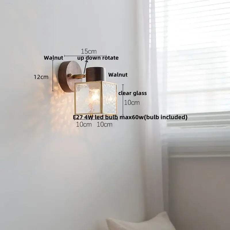 Modern nordic wood and ribbed glass led wall light fixture bedroom