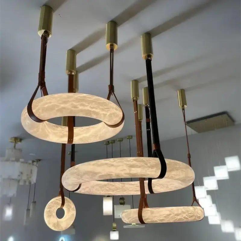 Modern opal glass ring marble chandelier living room pendant light