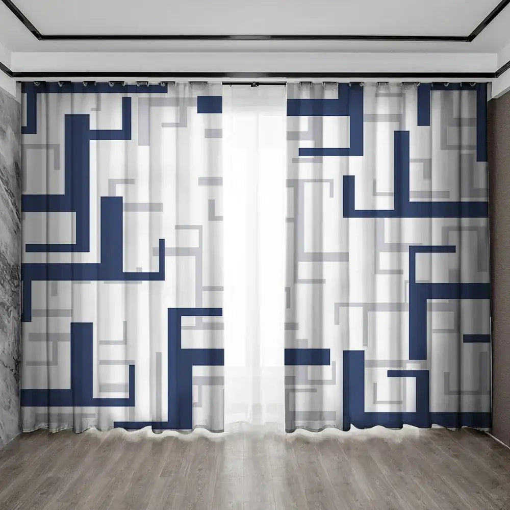 Modern orange and white geometric grid printed curtain set bedroom