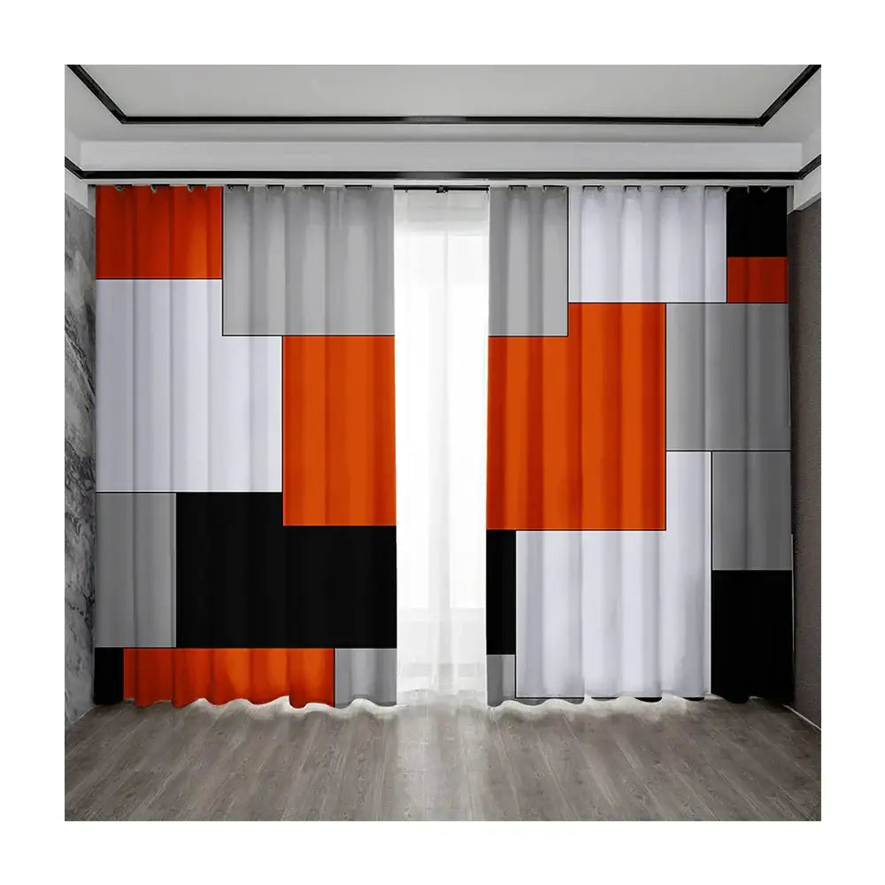 Modern orange and white geometric grid printed curtain set bedroom