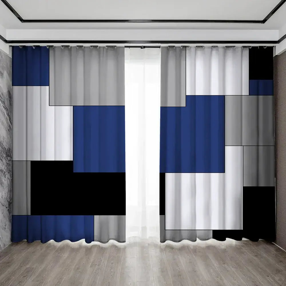 Modern orange and white geometric grid printed curtain set bedroom
