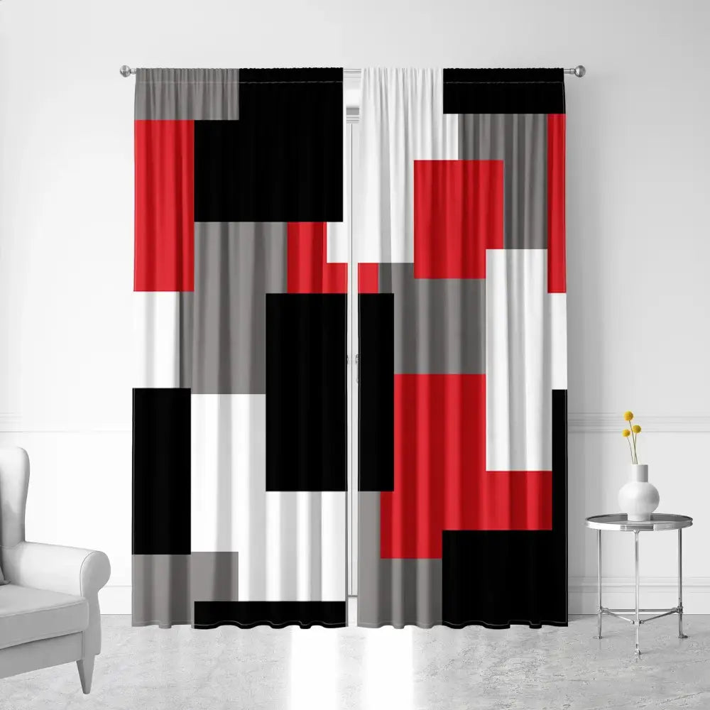 Modern orange and white geometric grid printed curtain set bedroom